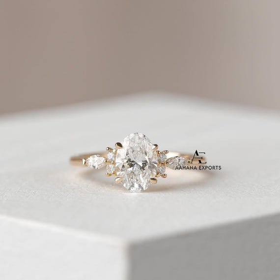 2 Carat Oval Lab-Grown Diamond Ring, Oval Engagement Ring With Round Marquise Side Stone, Anniversary Rings,Unique Anniversary Rings For Her