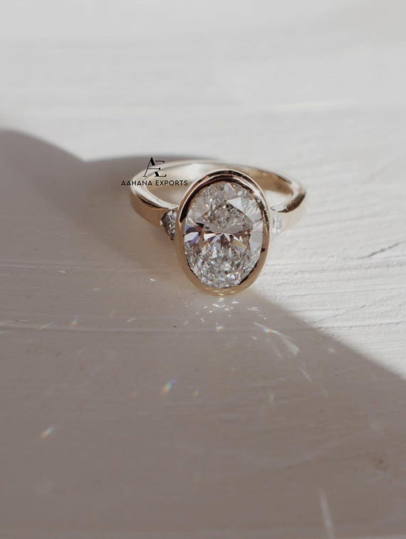 3 Carat Oval Lab Grown Diamond Ring Full Bezel: Oval Engagement Ring & Side Trillion Diamonds, IGI Certified Diamond, Wedding Ring for her.