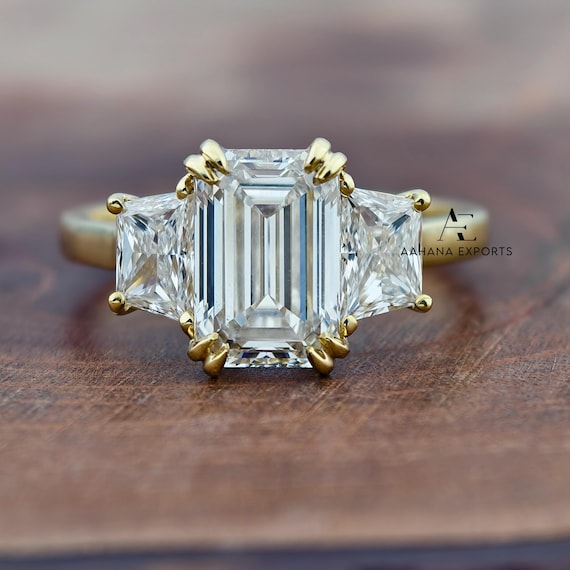 3.00 Carat Lab Grown Emerald Cut Diamond Engagement Ring, Three Stone Ring, Side Brilliant-Cut Trapezoid Diamonds, Handmade in Tulip Setting