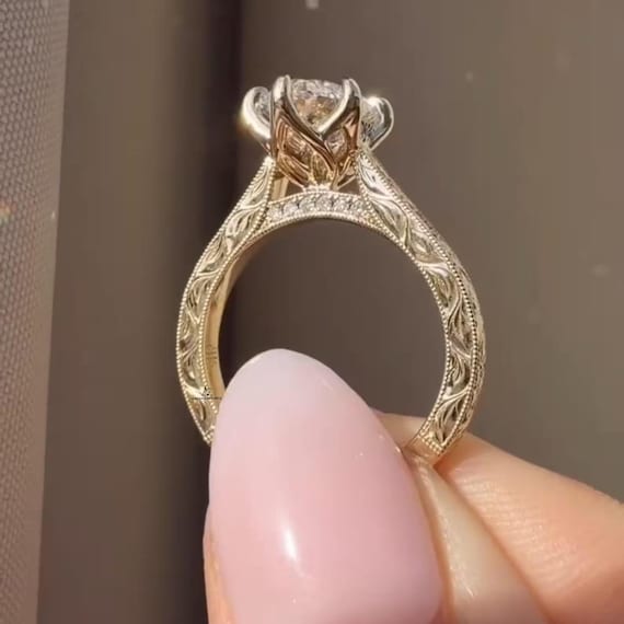 Art Deco Handcrafted Engraved Milgrain Band Crushed Ice Oval Cut Lab Grown Diamond Engagement Ring Cathedral Tulip Setting Wedding Ring
