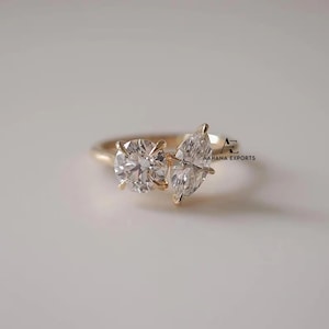 Anel de noivado redondo e lapidado em laboratório, anel Toi et Moi com diamantes, anel de compromisso com duas pedras em ouro maciço 14K, anel You and Me para mulheres.