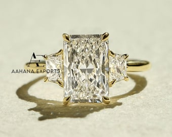 4 CT Radiant Cut Lab Grown Diamond Engagement Ring with Two Trapezoids, Three Stone Ring, Radiant & Trapezoid Ring, IGI Certified Diamond.