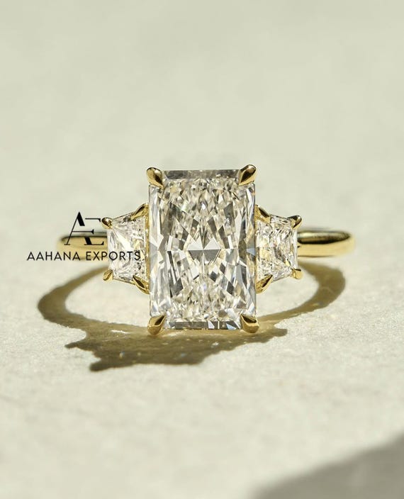 4 CT Radiant Cut Lab Grown Diamond Engagement Ring with Two Trapezoids, Three Stone Ring, Radiant & Trapezoid Ring, IGI Certified Diamond.