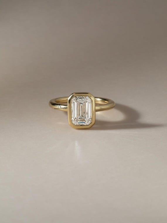 2CT Emerald Cut Lab-Grown Solitaire Ring, 14K Yellow Gold Engagement Ring, Bezel Setting, Statement Ring, Gift For Her, Anniversary Ring.