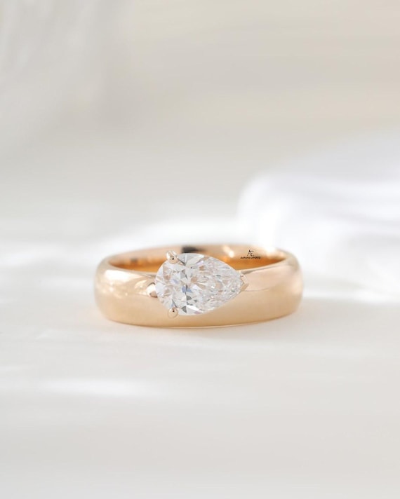 1 Carat Pear Cut Diamond East West Engagement Ring / Pear Lab Grown Diamond Ring / Broad Band Wedding Ring / Statement Ring for Women