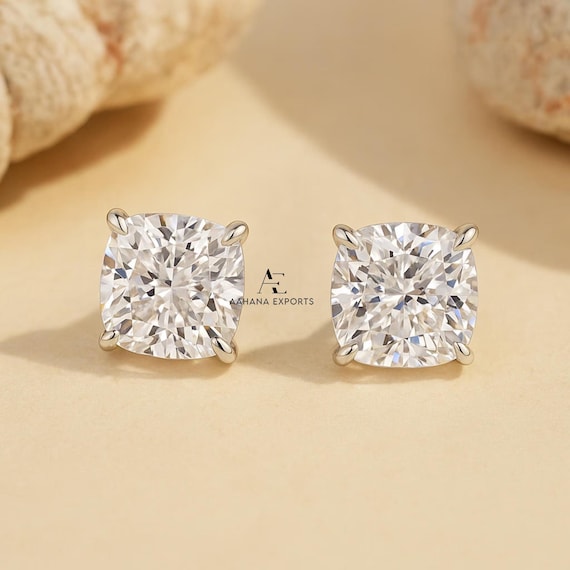 Cushion Cut Lab Grown Diamond Set Studs, CVD Diamond Solitaire Earrings, 14KT Solid Gold Bridesmaid Earrings, Screw Back Diamond Earrings