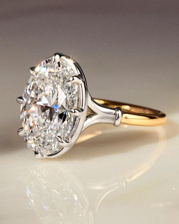 IGI Certified 6 Carat Carat Oval Cut Lab Created Solitaire Diamond Engagement Ring, Full Bezel Split Shank Ring, 14k Gold Ring for her.