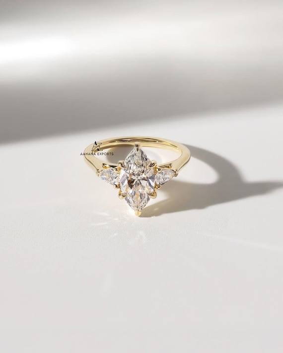 2 CT Marquise Cut Lab-Grown Engagement Ring, 14K Solid Gold, 6 Prong With Hidden Halo Ring, Elongated Marquise, Promise Ring, Wedding Gift
