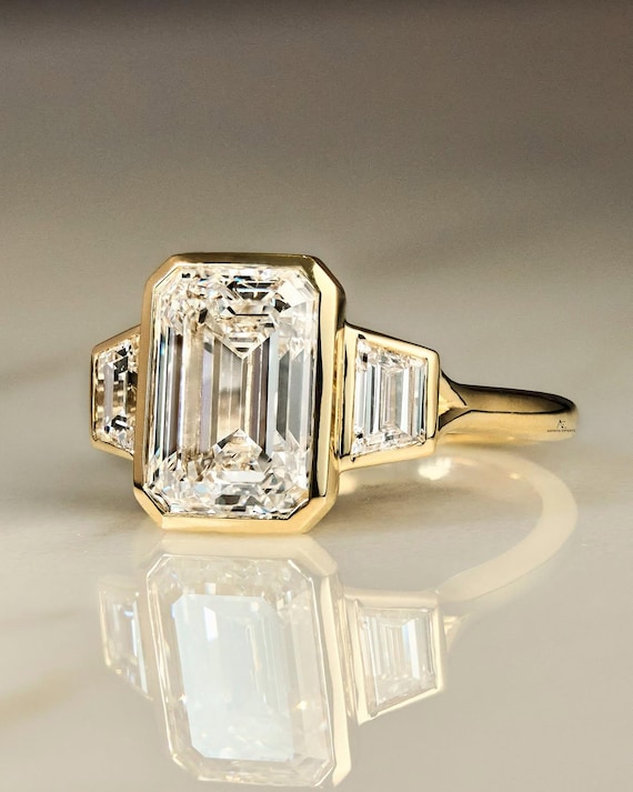 3 Carat Emerald Cut Lab Grown Diamond Engagement Ring / Three Stone Full Bezel Set Ring / Trapezoid Side Stones / Anniversary Ring For Her
