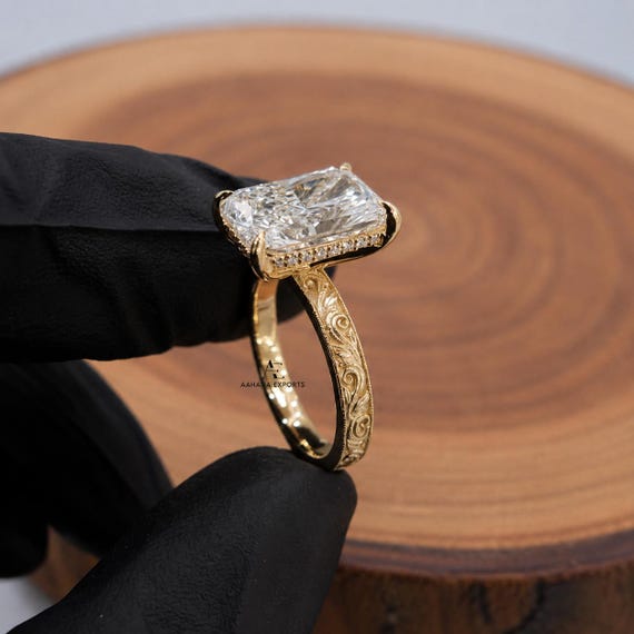 Victorian 3ct Radiant Cut Lab-Grown Engagement Ring Engraved Lab-Grown Wedding Ring Solid Gold Cathedral Setting Promise Rings For Women