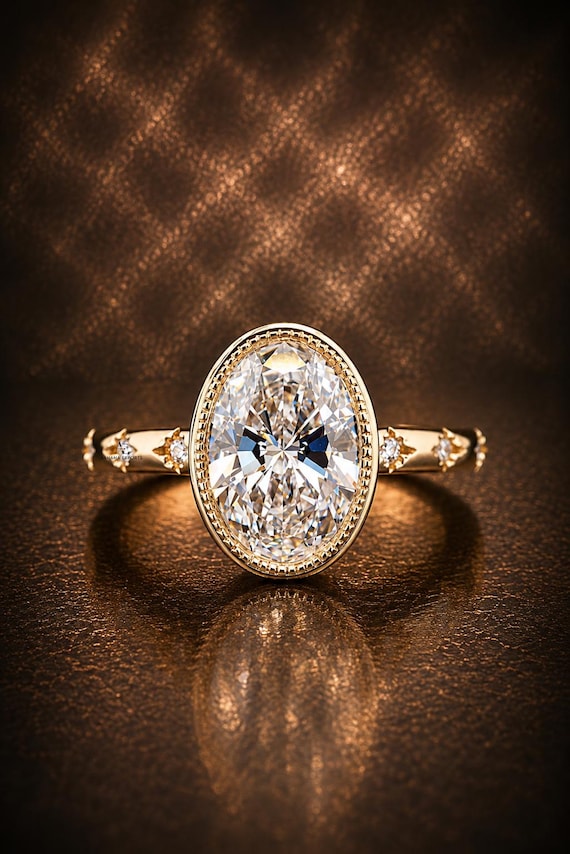 2 Carat Oval Cut Lab Grown Diamond Engagement Ring / Lab Diamond Solitaire Wedding Ring / Milgrain Hidden Halo Unique Valentine Gift