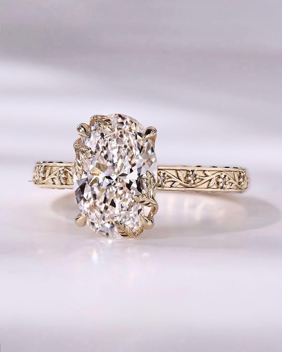 IGI Certified Oval Lab Diamond Botanical Engraved Ring • 14k Gold Floral Solitaire Band Leaf Petal Prongs Nature Inspired Band Euro Shank