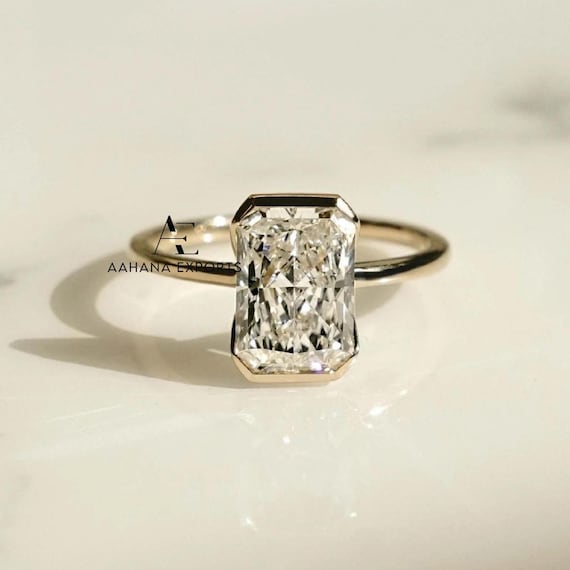 2.00 CT Radiant Cut Lab Created Diamond Half Bezel Solitaire Engagement Ring, 14K Solid Yellow Gold CVD Diamond Ring, Certified Women Ring.
