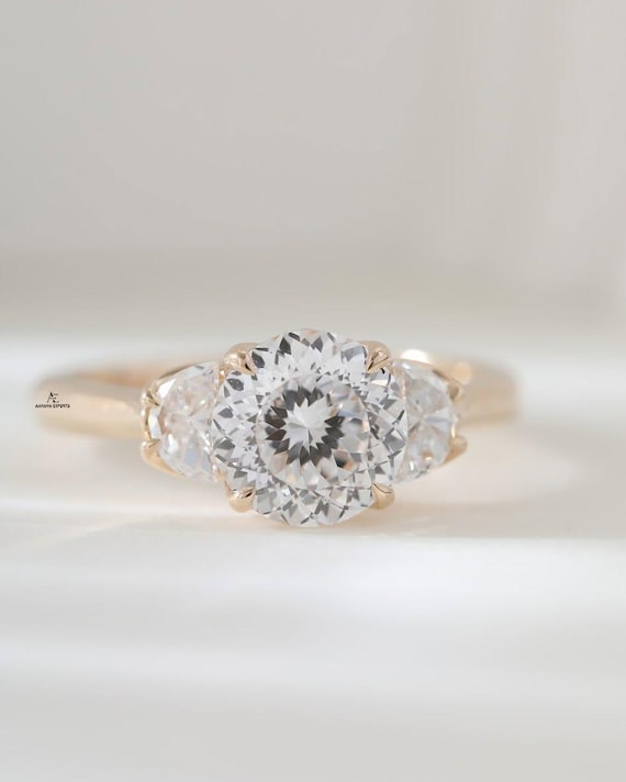 Lab Grown Diamond Tulip set Three Stone Ring: Portuguese Cut Yellow Gold Engagement Ring with Side Half-moon Diamonds Trilogy diamond ring