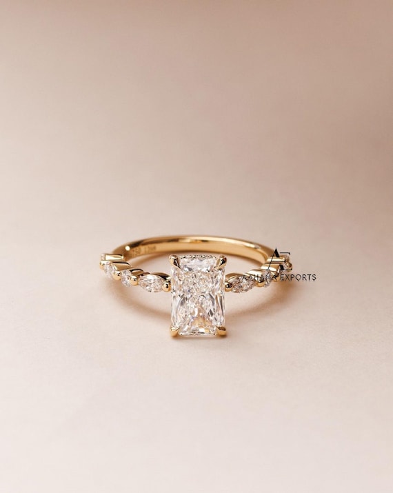 Radiant Cut 2.00 Carat IGI Certified Lab Grown Diamond Engagement Ring Hidden Halo and Side Marquise And Round Diamonds 14k Solid Gold