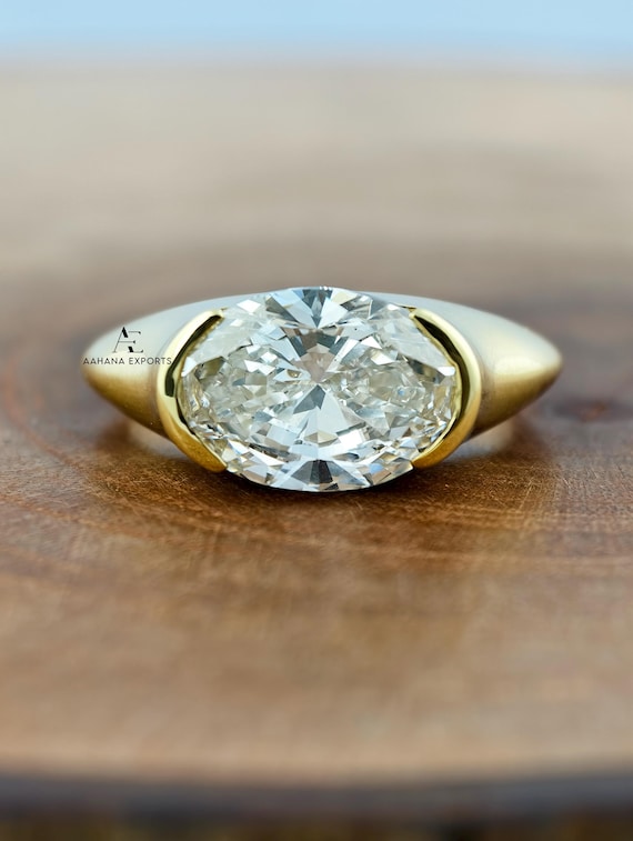 4 CT East West Oval Cut Lab Diamond Engagement Ring | Half Bezel Ring | Solitaire Ring with Thick Band | IGI Certified Diamond | Lab-Diamond