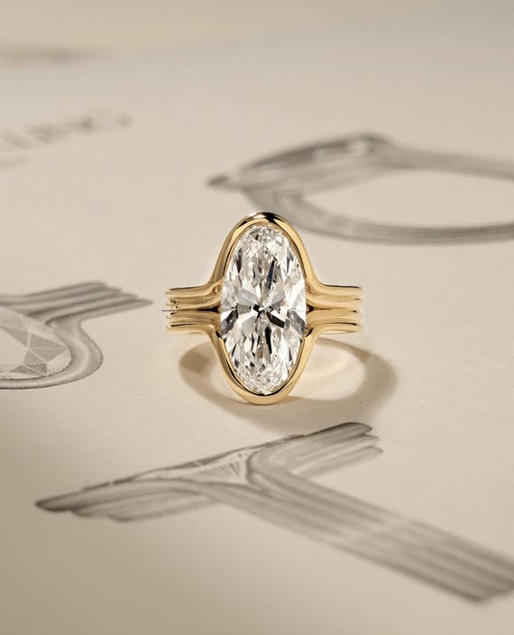 IGI Certified Moval Diamond Ring, Full Bezel Set Gold Solitaire Engagement Ring, Elongated Oval Diamond, Modern Statement Ring 4 Stack Band.