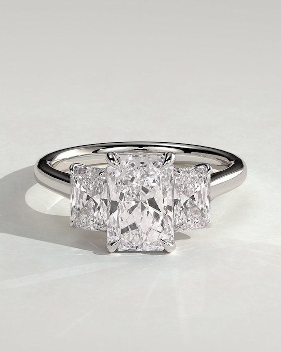 3 CT Radiant Cut Lab Grown Diamond Engagement Ring /Three Stone Engagement Ring / Side Radiant Lab Diamonds /IGI Certified Unisex Ring