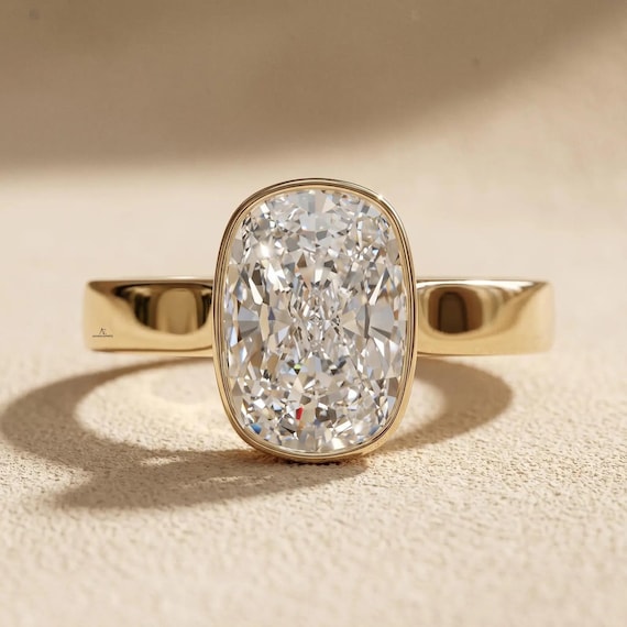 5 CT Elongated Cushion Cut Lab Grown Diamond Engagement Ring, Bezel Set Solitaire, 14K Yellow Gold, IGI Certified E VVS Gift for Her
