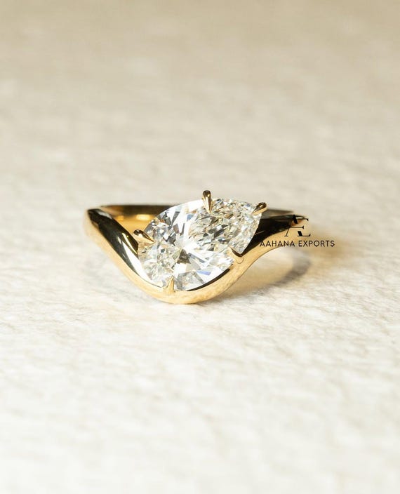2 Carat Pear Cut Diamond East West Engagement Ring / Pear Lab Grown Diamond Ring / Wave Band Solitaire Ring / Solitaire Ring / 2 CT Diamond