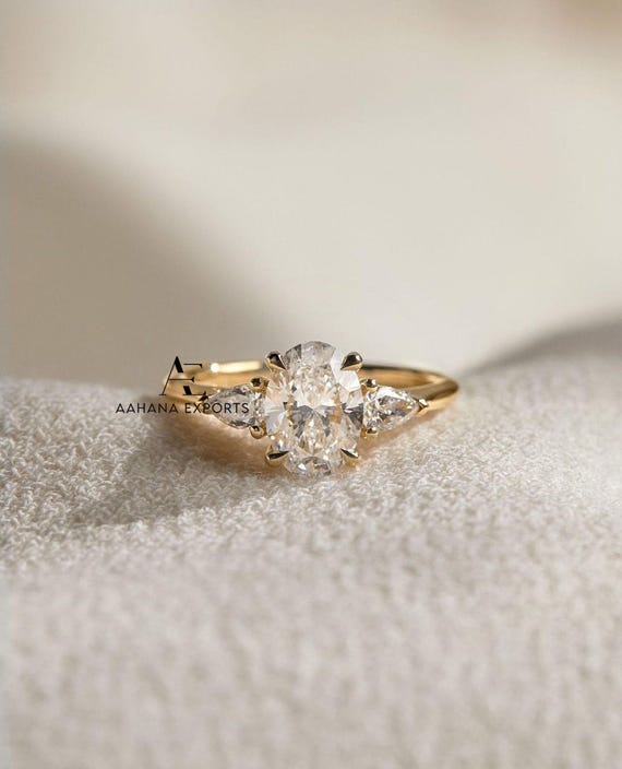 2 Carat Oval Lab-Grown Diamond Ring, Oval Engagement Ring With Pear Side Stone, Diamond Anniversary Rings, Unique Anniversary Rings For Her
