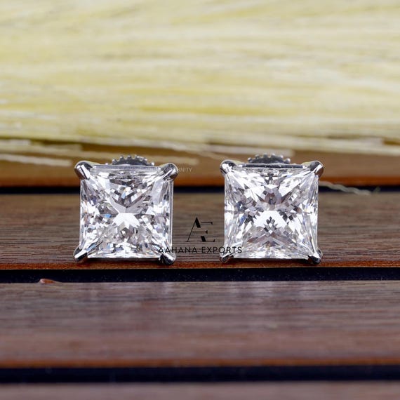 2 Carat Total Carat Weight Princess Cut Lab-Grown Diamond Stud Earrings: Handmade Gold Solitaire Bridal Jewelry