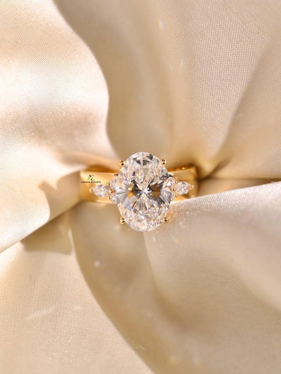 3 Carat Oval Lab Grown CVD Diamond E-F VS1 Thick Engagement Ring, 4 MM Cigar Band Ring, Wide Band Unique Solitaire Ring, Anniversary Gift.