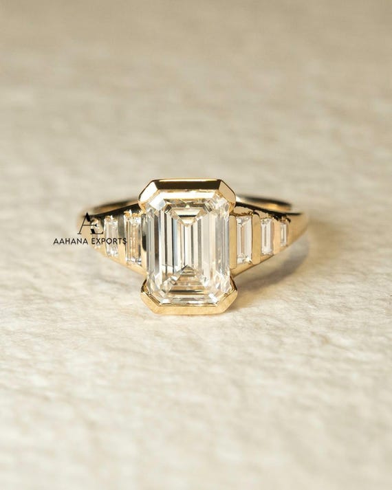 2.00 CT Emerald Cut Lab Grown Diamond Ring, Half-Bezel Set Engagement Ring, Baguette Side Diamonds Ring, Anniversary Ring Wedding Ring.