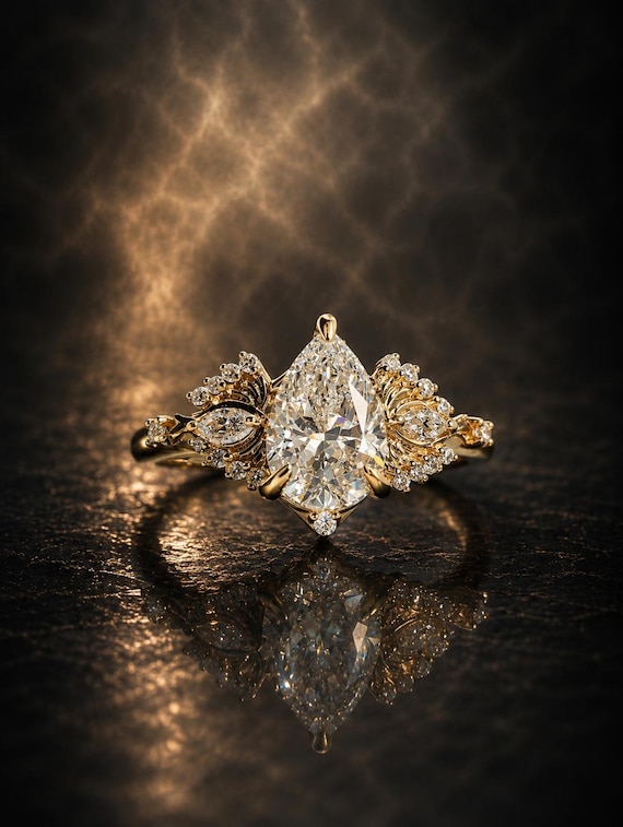 1 Carat Pear LG-Diamond Ginkgo Butterfly Lab Grown Diamond Pear Cut Unique Engagement Ring 14k Gold Vintage Engagement Ring Butterfly Effect