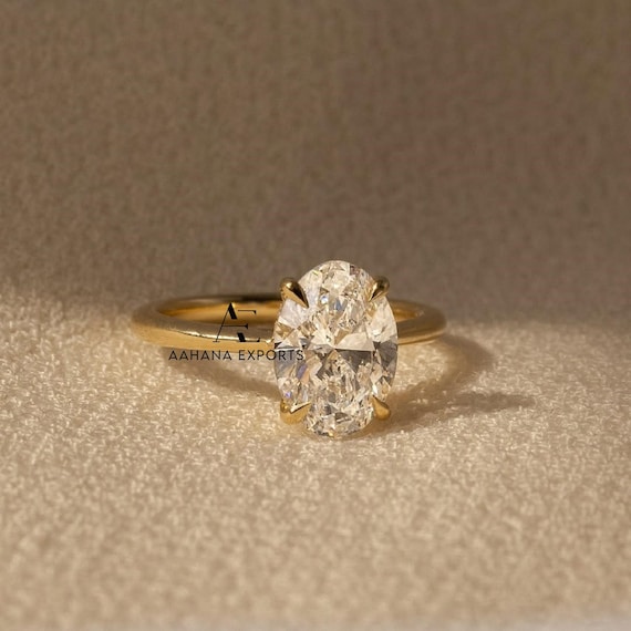 2 Carat Oval Lab Grown Hidden Halo Engagement Ring / Oval CVD Diamond / Yellow Gold Cathedral Engagement Ring / High Set Oval Ring For Her.