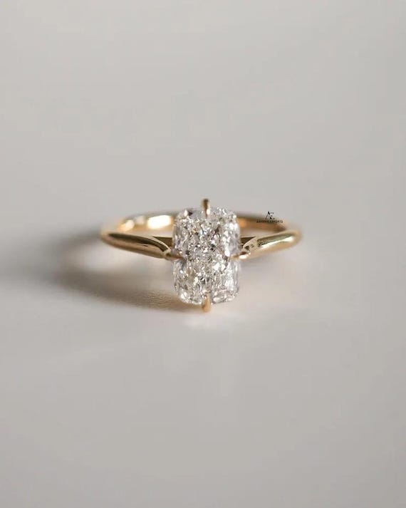 1 Carat Elongated Cushion Lab Grown Diamond Compass Set Engagement Ring / 14k Yellow Gold Dainty Pave Engagement Ring / Flush Fit Ring