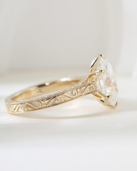 2 Carat Oval Cut Lab Grown Diamond Engagement Ring Yellow Gold Tulip Cathedral Ring Engraving Ring IGI Certified Ring Promise Ring for Women