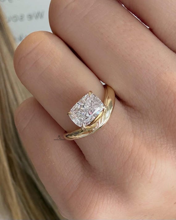 2.00 Carat Elongated Cushion Cut Diamond Wedding Ring Solitaire Engagement Ring 14KT Yellow Gold Women's Ring East to West Off set Ring