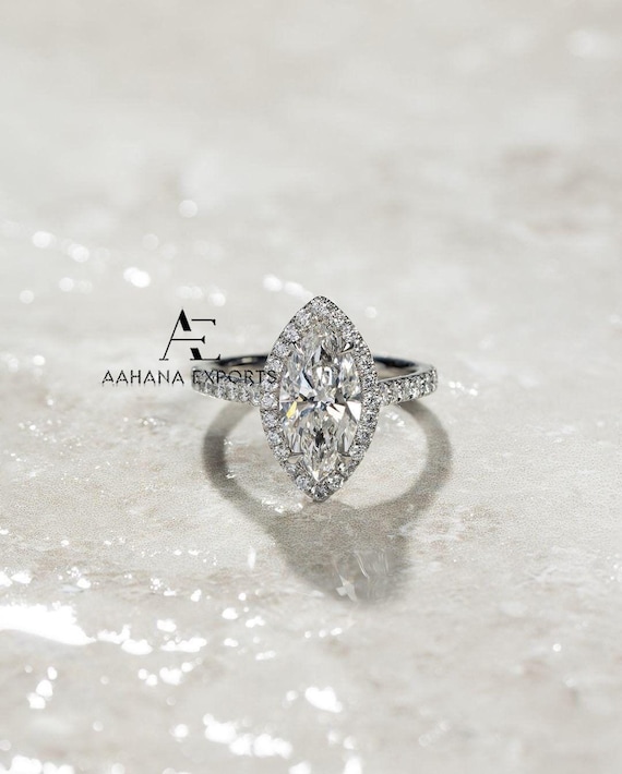1 carat Marquise Cut Lab Grown Diamond Ring 14K Gold Halo Engagement Ring Marquise CVD Diamond Ring, Diamond Wedding Ring Anniversary Ring