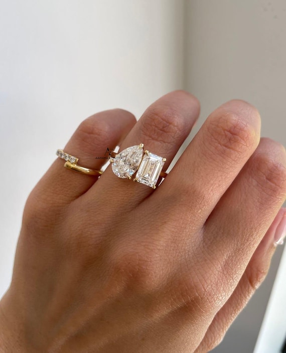 4 TCW Yellow Gold Toi Et Moi Engagement Ring | Pear and Emerald Cut Lab-Grown Diamond | Vintage Two-Stone Ring | Unique Bridal Jewelry