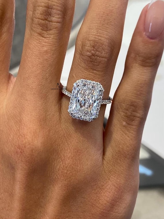 4.00ct IGI Certified E/VVS2 Radiant Cut Lab Created Diamond Proposal Ring 14K White Gold Setting Round Side Stones Cut Halo Diamond Ring