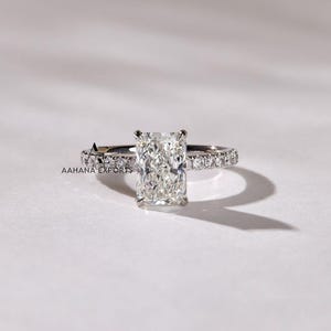 2.00 Carat Radiant Cut Lab Grown Diamond Solitaire Engagement Ring Hidden Halo with Side Round Diamonds 14k White Gold Anniversary Ring