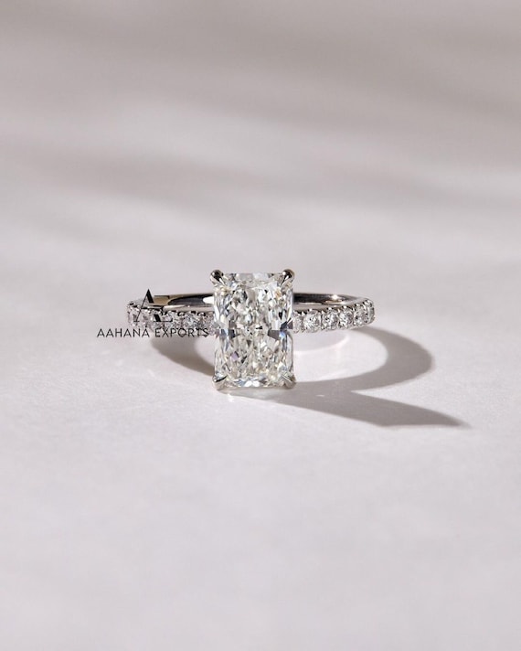 2.00 Carat Radiant Cut Lab Grown Diamond Solitaire Engagement Ring Hidden Halo with Side Round Diamonds 14k White Gold Anniversary Ring