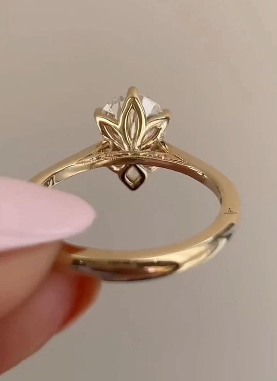 2 Ct Pear Cut Lab-Grown IGI Diamond Tulip Basket Engagement Ring 14K Solid Gold Ring with Hand Engraved Bridge Anniversary Gift Propose Ring