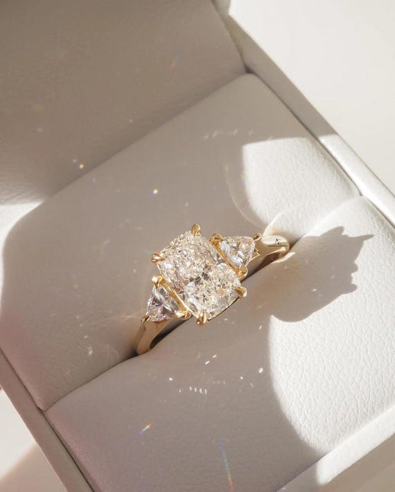 Elongated Cushion Cut Lab Grown Diamond Engagement Ring with Trillion Side Stones Three Stone Gold Ring 2-3 CT