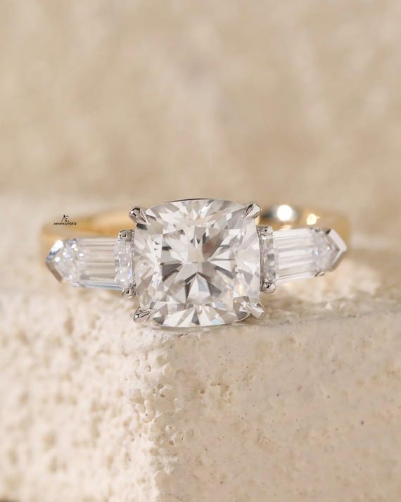 2 Carat E VS1 Elongated Cushion Lab Grown Diamond 3 Stone Ring / 14k Yellow Gold Three Stone Style Engagement Ring / Unique Bullet Diamonds.