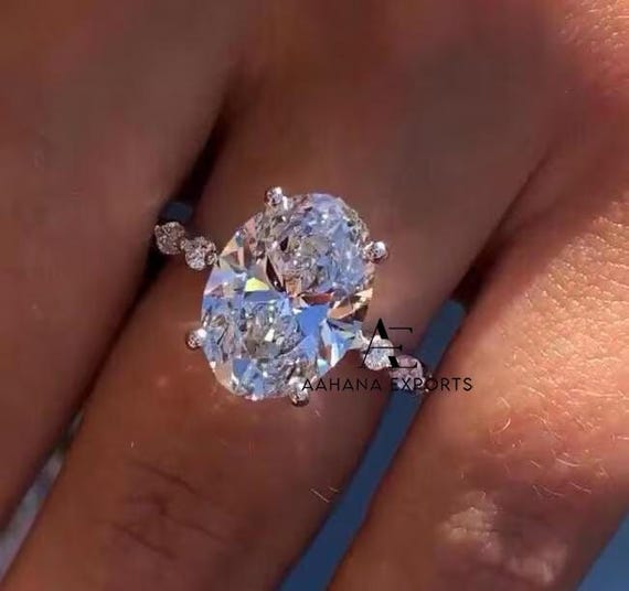 4 CT Oval Cut Lab-Grown Engagement Ring, Side Marquise and Round Eternity Diamond Band, 10k Solid White Gold Ring, Anniversary Bridal Ring.