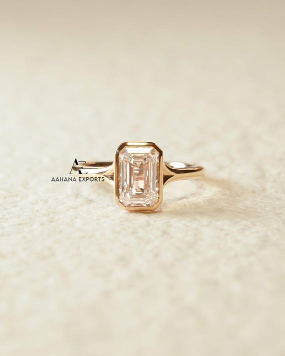 2CT Cathedral Bezel Split Shank Emerald Cut Lab-Grown Diamond Engagement Ring, Emerald Wedding Ring, 18Kt Solid Rose Gold Anniversary Ring