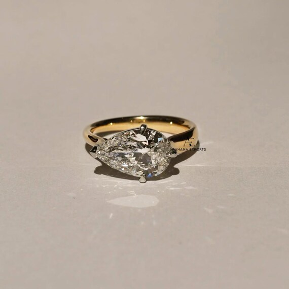 2ct Pear Lab Grown Diamond Ring, 18k Yellow Gold Bezel Set East West Solitaire Chunky Gold Dome Pinky Christmas Gift for Her