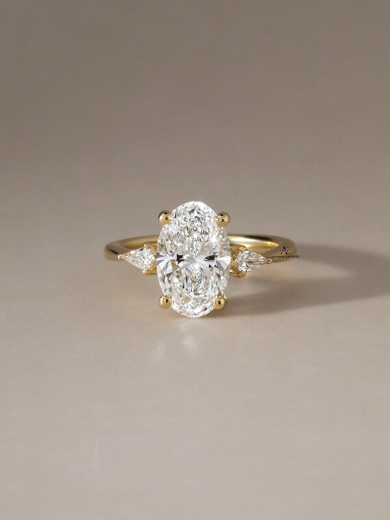 3 Carat Oval Lab Grown Diamond Three Stone Engagement Ring: Kite Shape Side Diamonds, Yellow Gold Trilogy Diamond Ring, 3 Stone Ring
