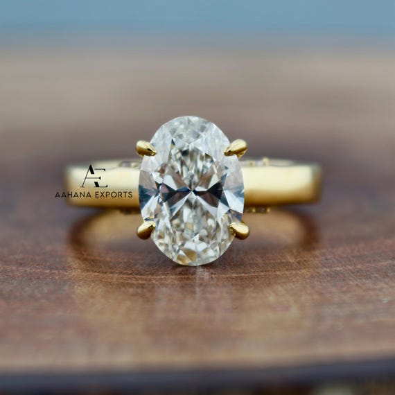 Certified 2.00 CT Lab Grown Diamond Ring, 3.00mm Cigar Band Oval Lab Diamond Engagement Ring, Hidden Halo Ring, Solid 18K Yellow Gold Ring.