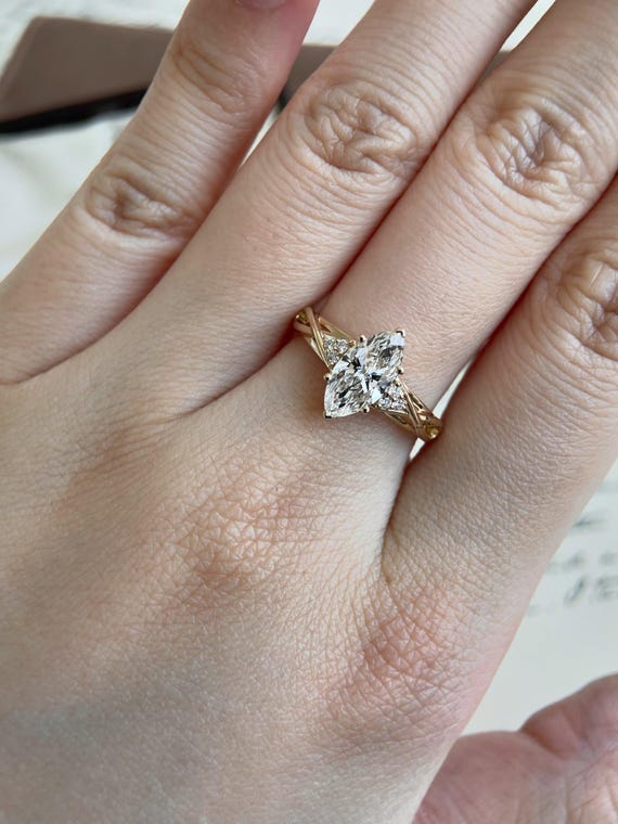Marquise Lab grown diamond unique engagement ring Yellow gold cluster Lab-Grown ring Vintage twist ring wedding bridal promise Women gift