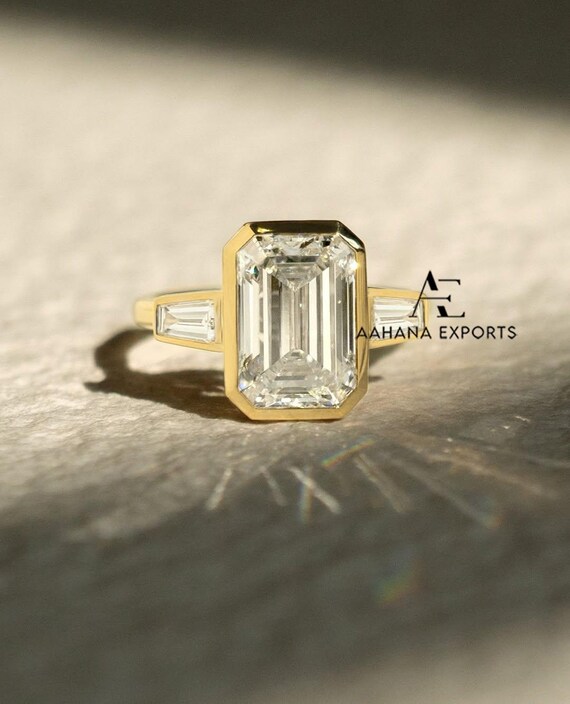 3 CT Emerald Cut Lab Grown Diamond Bezel Set Solitaire Engagement Ring 14kt Yellow Gold / Stylish IGI Certified Engagement Three Stone Ring
