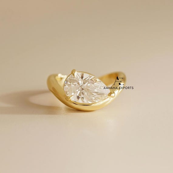 2 CT East West Pear Lab Grown Diamond Wedding Set, Unique Bypass Shank Bridal Set, 14K Gold Anniversary Ring, Pave Rapture Engagement Ring.