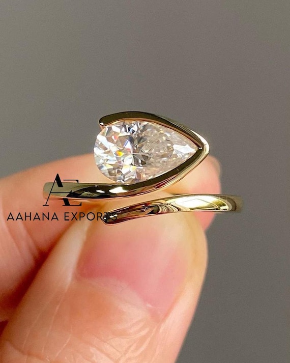 2.00 Ct East West Pear Cut Lab Grown Engagement Ring, Half Bezel Set Ring with Curved Antique Band Wedding Ring 14kt Solid Yellow Gold Ring.